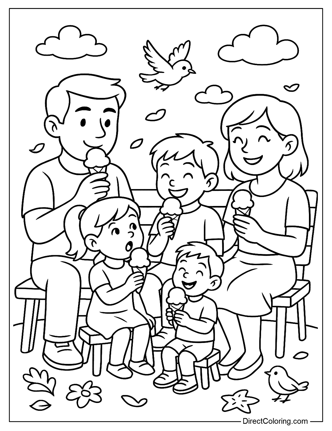 coloring page A family of people eating ice cream on a park bench, with sparrows and blue sky